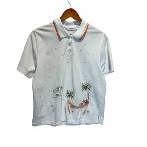 Vintage Palm Tree Hammock Polo Shirt M Coastal Resort Tropical Vacation 90s